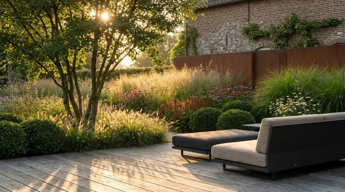Een door Van Loen Hoveniers aangelegde tuin met hardhouten terras en weelderige beplanting in avondlicht