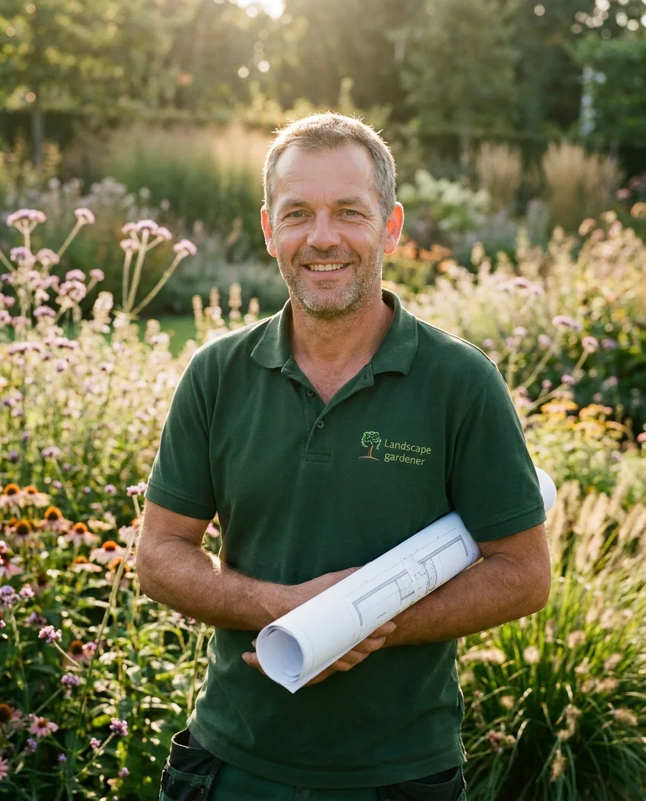 Bram van Van Loen Hoveniers, hovenier, in een door hem aangelegde tuin