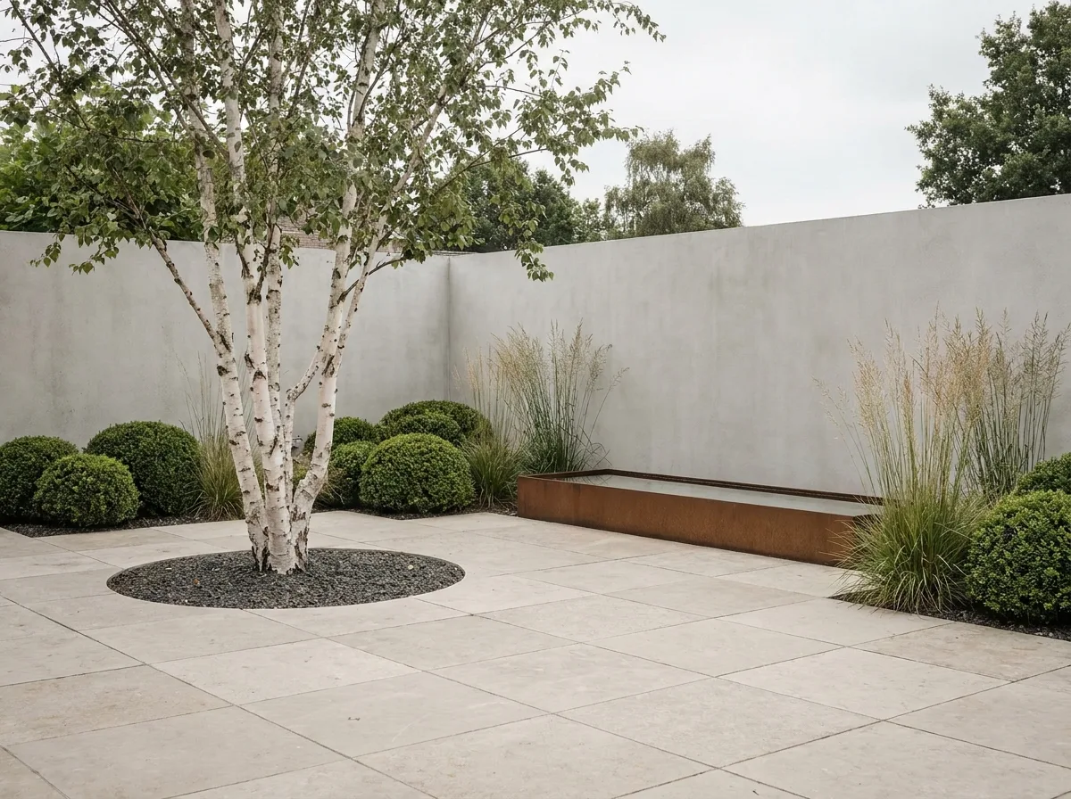 Strakke patiotuin met natuursteen en architectonische beplanting