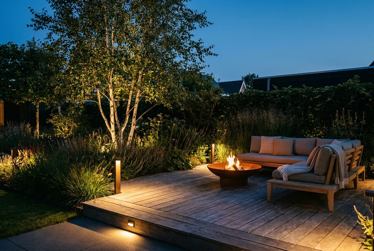 Avondtuin met hardhouten terras, vuurschaal en sfeerverlichting