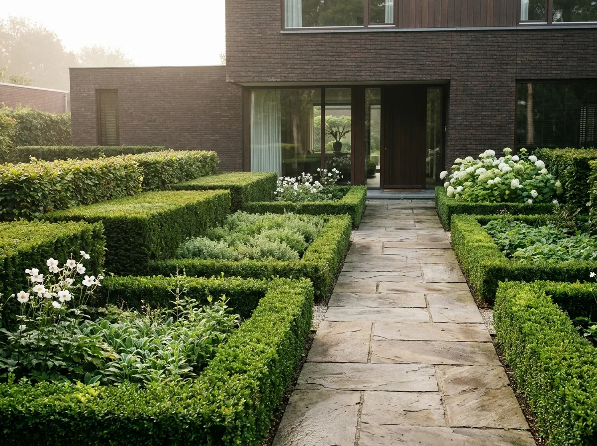 Voortuin met strak geschoren hagen en natuurstenen pad