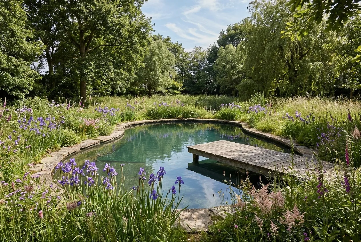 Tuin met natuurlijke zwemvijver, vlonder en weelderige oeverbeplanting